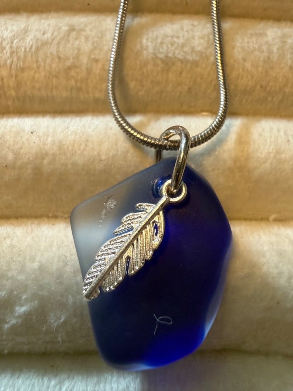 New Cobalt Blue Tumbled Glass Necklace with Silver-Tone Feather Charm